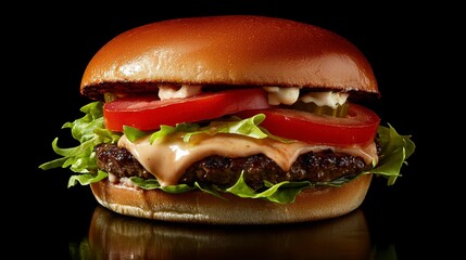 Delicious Burger with Fresh Toppings on a Gleaming Black Surface Ready to Be Enjoyed Today