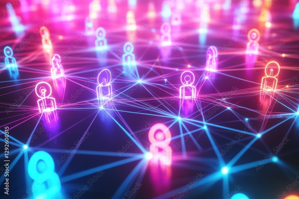 Aufkleber Futuristic digital network showcases colorful 3D avatars connected by glowing neon lines in an immersive virtual environment. Generative AI
