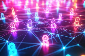 Futuristic digital network showcases colorful 3D avatars connected by glowing neon lines in an immersive virtual environment. Generative AI