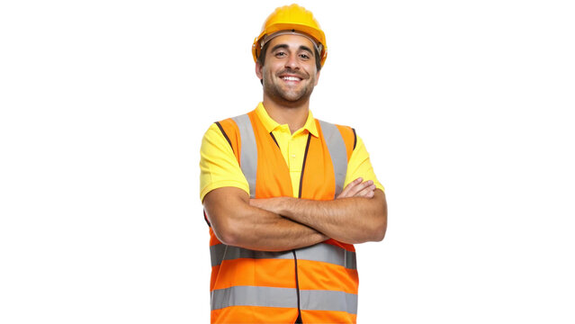 Portrait of a smiling male labor worker, standing confidently with arms crossed in a proud and approachable pose. He is wearing a bright yellow shirt, orange safety vest, and a sturdy safety helmet