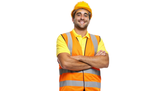 Portrait of a smiling male labor worker, standing confidently with arms crossed in a proud and approachable pose. He is wearing a bright yellow shirt, orange safety vest, and a sturdy safety helmet