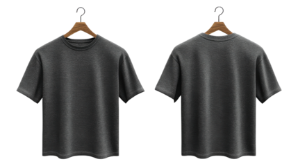 plain gray t shirt displayed on hanger, showcasing front and back views