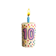 A 10-year-old birthday candle with the number "10" on it, isolated on transparent background