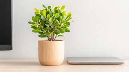 fresh green plant on modern desk for home office decor