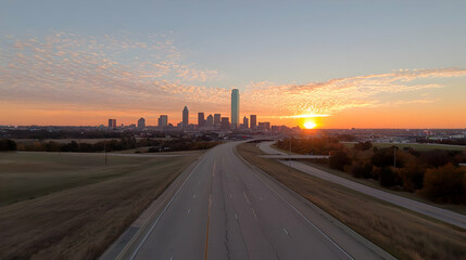 Sunrise over Dallas skyline, highway view