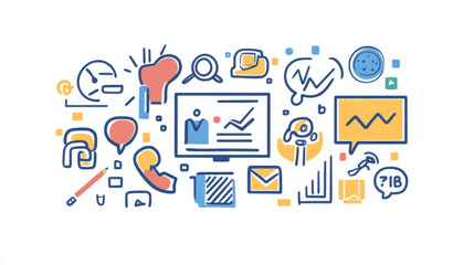 Set of doodle icons business meeting, conference, teamwork discussion, partnership, handshake. Speech bubbles, white board with chart, online communication isolated signs, Line art vector illustration