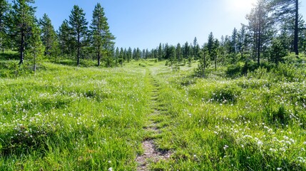 Obraz premium Sunny meadow path through forest. Hiking trail