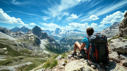 Fototapeta premium Backpacker resting on a rocky summer trail, overlooking a breathtaking valley under a bright blue sky