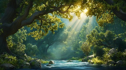 Obraz premium Sunlit Stream in a Lush Forest Digital Painting AI Generated
