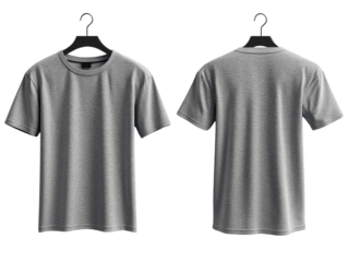 Gray t shirt displayed on hangers, showcasing front and back views