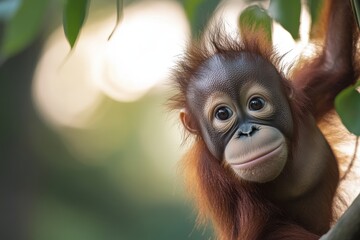 Fototapeta premium Playful Young Orangutan Swinging Through Lush Green Jungle Habitat