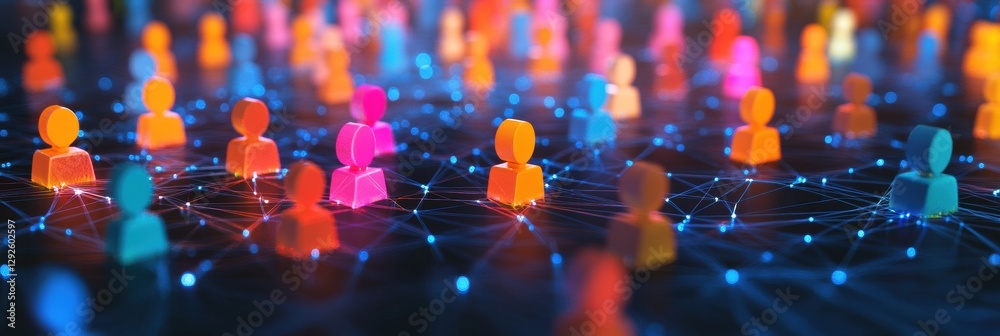 Aufkleber Colorful 3D avatars connected through glowing network lines represent digital social interaction in a virtual environment. Generative AI