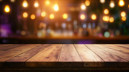 wooden table with warm, inviting atmosphere, illuminated by soft, glowing lights in background, perfect for gatherings or dining experiences