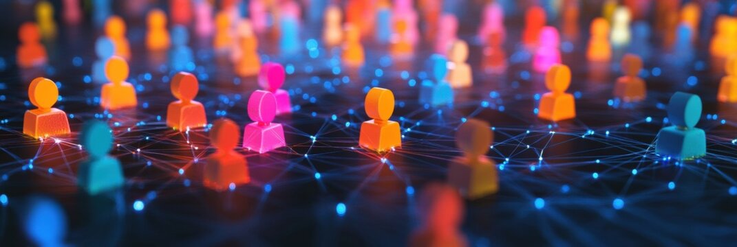 Colorful 3D avatars connected through glowing network lines represent digital social interaction in a virtual environment. Generative AI