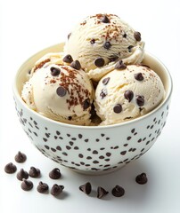 Creamy vanilla ice cream with chocolate chips in a decorative bowl on a white background, perfect dessert for summer celebrations and gatherings