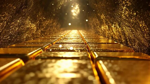 Golden brick pathway, glowing tunnel, futuristic, wealth, luxury