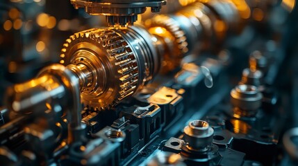 Naklejka premium Automotive Engine Gear Assembly Close Up with Metallic and Industrial Aesthetics in Warm Lighting