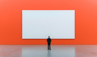 Obraz premium Individual Observing Blank Canvas in Vibrant Contemporary Art Space