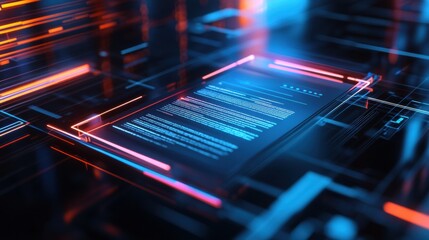 Abstract digital interface with glowing lines and illuminated text displayed on a dark background in a futuristic environment. Generative AI