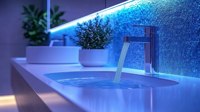 Illuminated Serenity Modern Bathroom Interior Design Washbasin Faucet Plant Arrangement Elegant Style