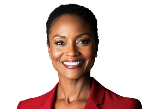 Confident and Professional: An Inspiring African American Businesswoman Exudes Positivity and Leadership Against a Crisp White Background