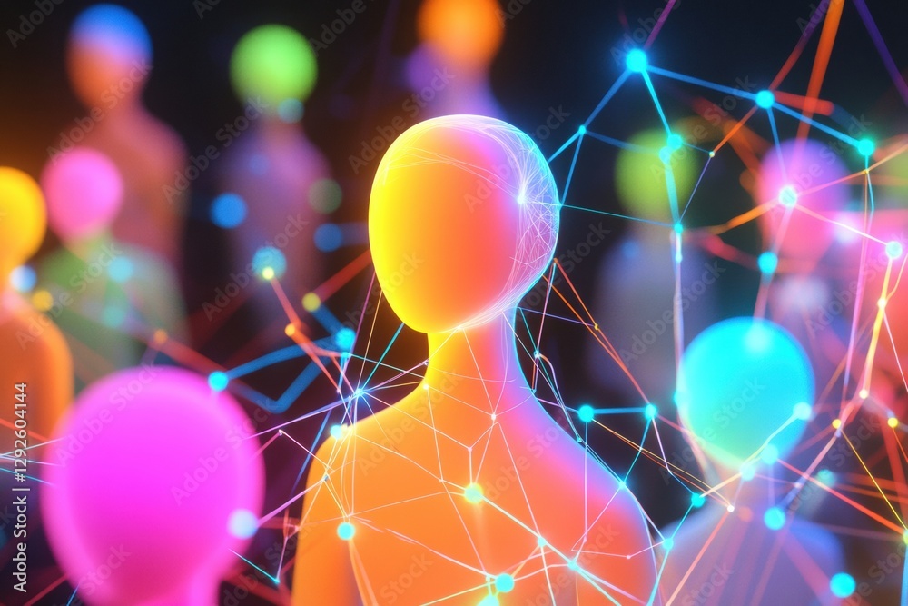 Poster colorful 3d avatars connected by glowing network lines representing digital social interactions. gen