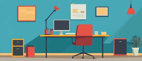 Workplace Oasis: Flat Design Desk Chair and Computer