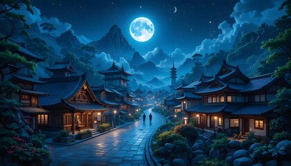 Obraz premium Nighttime Stroll in Japanese Town Under Full Moon with Traditional Architecture