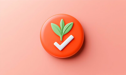 Obraz premium Leaf Icon on Circular Badge with Checkmark in Bright Orange Background