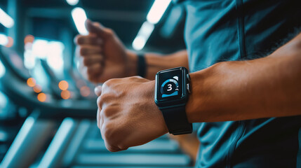 High-energy environment in a gym with a man running on a treadmill while checking his smartwatch for fitness data