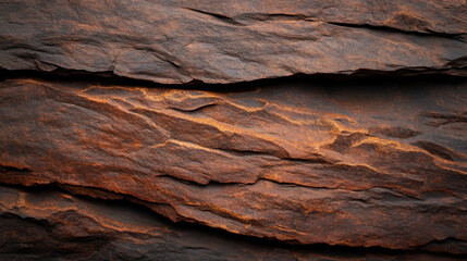 Textured rock formation with layers of brown and orange hues, showcasing natural geological patterns and colors. rugged surface adds depth and interest to image