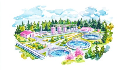 A vibrant illustration of a water treatment facility surrounded by greenery, featuring circular tanks and modern equipment under a blue sky.