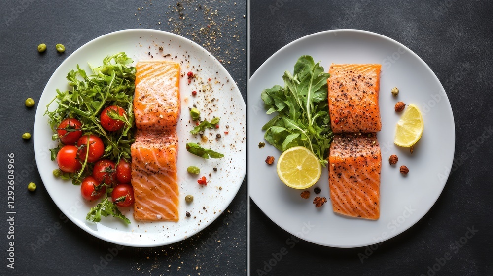 Aufkleber Fresh salmon fillets served with vibrant salad and lemon on elegant plates. Generative AI