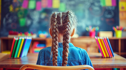 Cheerful girl with braided hair sitting at a wooden desk in a vibrant classroom, ready for learning and creativity