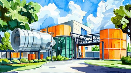 Obraz premium A vibrant, modern building design featuring orange and silver elements, surrounded by greenery under a bright blue sky with fluffy clouds.