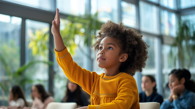 Young girl raises hand confidently in classroom during engaging lesson in light-filled room