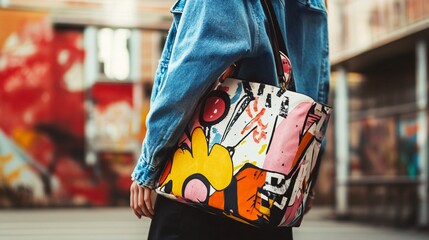 Fototapeta premium Trendy Woman Carrying Vibrant Graffiti-Style Tote Bag in Urban Setting