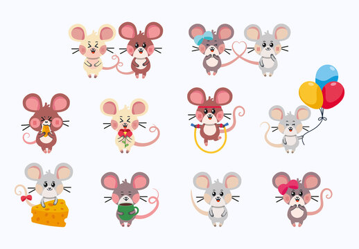 Colorful Adorable Cartoon Cute Mouse Illustration Set