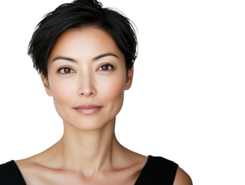 A Striking Portrait of an Asian Woman Against a Minimalist White Background, Emphasizing Her Unique Features and Captivating Expression. - Powered by Adobe