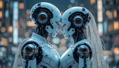 Fototapeta premium Two Futuristic Robots Facing Each Other in a Romantic Moment Backdrop