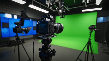 Professional video production workspace with modern equipment and organized setup, showcasing creativity and efficiency in digital media production.