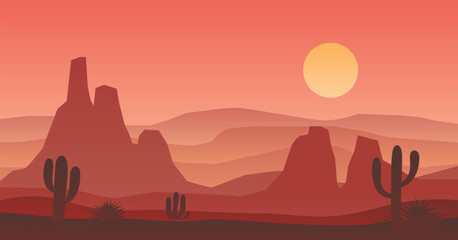 Fototapeta premium Nature sunrise, desert and cactus landscape, Red rock park illustration