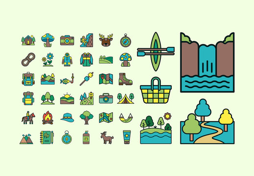 Colorful Outdoor Adventure Travel Icons Set