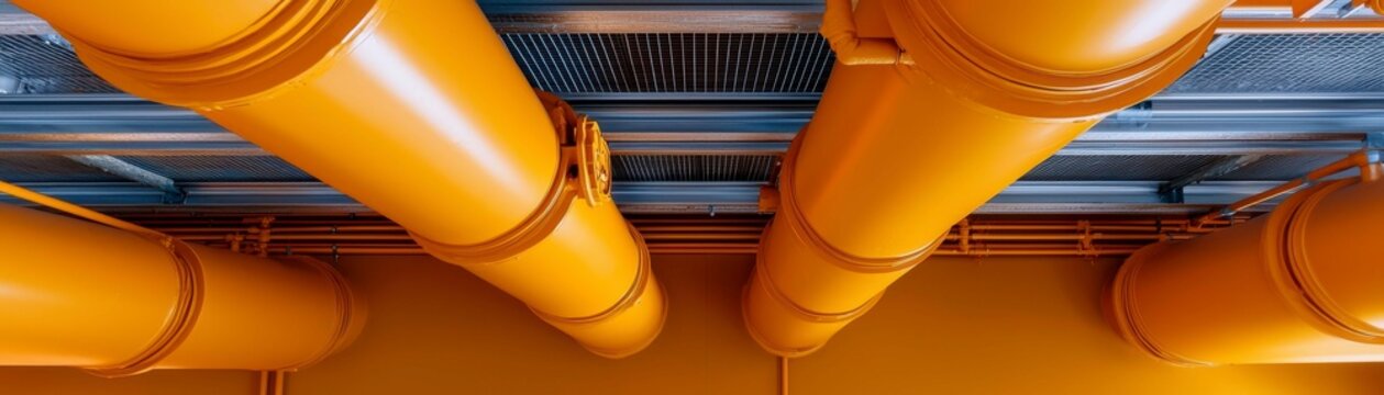 Industrial Orange Pipeline System Interior Facility View Infrastructure and Ventilation Ducts