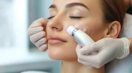 Facial treatment: Woman receiving skincare with applicator and gloves