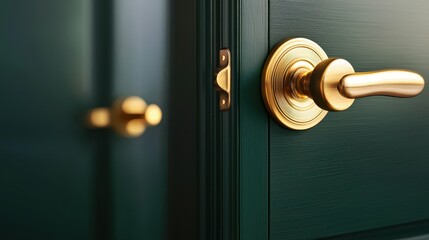 Obraz premium Golden Door Handle on a Rich Green Door Decorative Interior Detail and Design Element Elegant Entrance