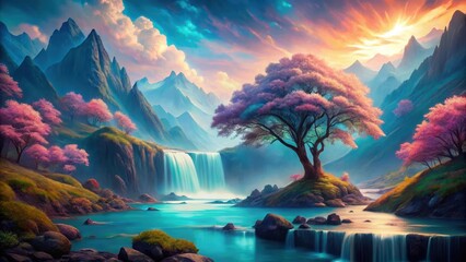 Serene Waterfall Cascading Through a Dreamlike Valley with Blossoming Trees at Sunset