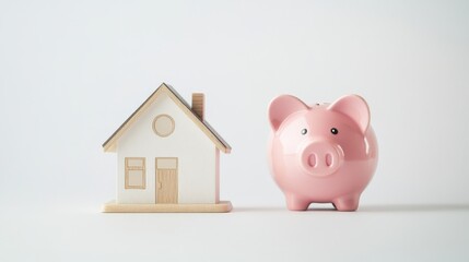 A wooden house model next to a pink piggy bank on a white background, symbolizing savings and investment