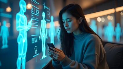 Naklejka premium Virtual Vibes: A Woman Engages with Technology in a Trendy Evening Cafe