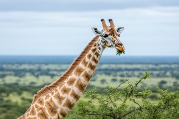 Obraz premium Majestic Giraffe Grazing on Green Leaves in Serene Landscape